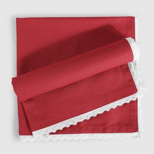 Image of FINGERCRAFT Lace Trim Cloth Napkins Set of 12, 20x20 Inch 100% Cotton Dinner Napkins, Reusable Washable Table Napkins for Wedding, Farmhouse Dining, Parties & Home Decor (Tango Red)