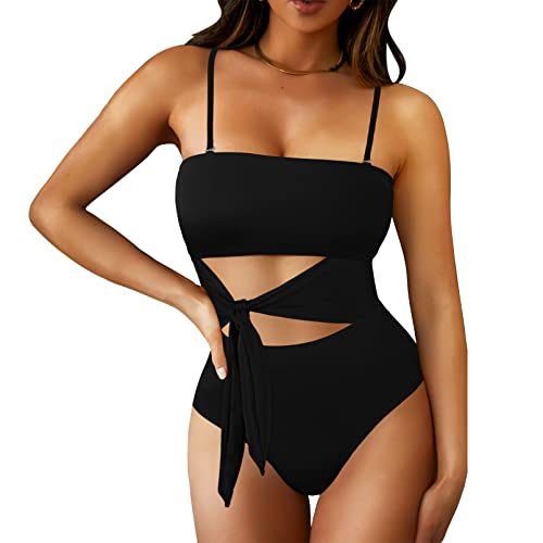 Image of Viottiset Women's Bandeau One Piece Swimsuit Strapless Tie High Cut Out Bathing Suit