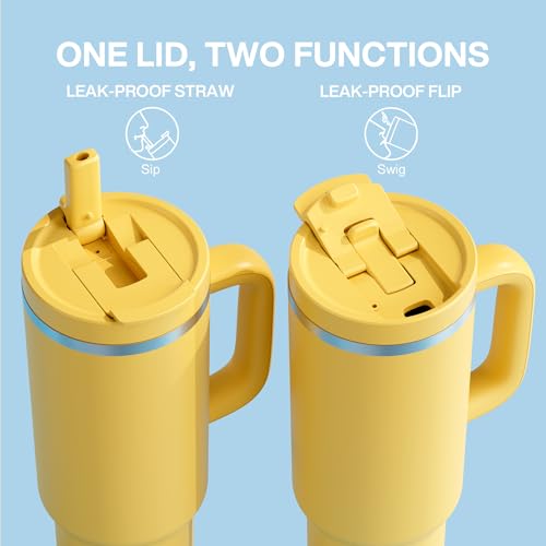 Image of ENCOOL 40 oz Tumbler with Handle and Straw: Stainless Steel Insulated Tumbler Keeps Cold for 24 Hours, Leakproof Travel Cup Fits in Cup Holder and BPA-Free,Elfin Yellow