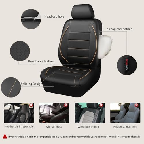 Image of CAR PASS Universal FIT Piping Leather Two Front Seat Covers, Waterproof Faux Leather for SUV Sedan Van Truck, Airbag Compatible,Reserved Opening Holes for Headrest Covers. (Black and Beige)