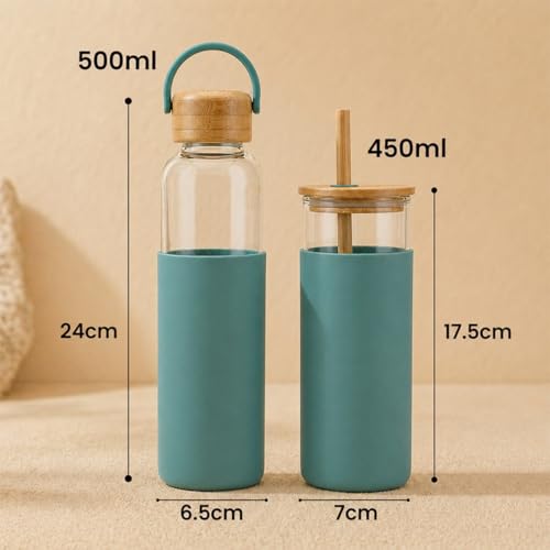 Image of Giftana Personalized Borosilicate Glass Water Bottle 500ml with Glass Sipper Tumbler 450ml, Reusable Leakproof Drinking Bottle with Silicone Sleeve, Eco-Friendly Bottle for Office Gym Travel (Green)
