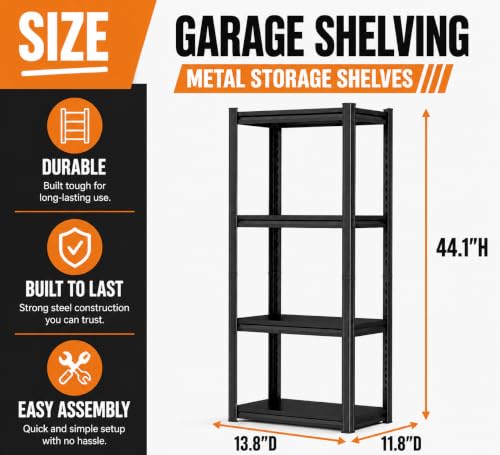 Image of Metal Garage Shelving Unit, Heavy Duty Adjustable Storage Shelves, Steel Shelving, 2000 lbs Capacity Shelves for Heavy Tools and Equipment, 4 Tier, 13.8 inch W x 11.8 inch D x 44.1 inch H