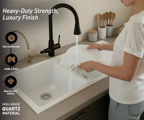Image of EVANEX Quartz Sink for Kitchen|45x20x9 inch Double Bowl Kitchen Sink with Drain Board|Matt Finish|Sand Pluto Quartz Kitchen Sink with Sink Connector, Waste Pipe, Coupling and Drain Basket