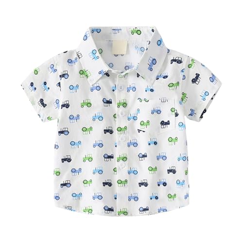 Boys Cotton Button Down Shirt Short Sleeve Summer Casual Top Car Print Graphic Lapel Neck Tee, (White, 12-18 Months)