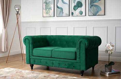 Bravich Velvet Chesterfield Sofa- Green. 2 Seater Settee, Soft Plush Fabric Couch. Living Room Furniture, Easy Clean. 2 Seater- 160cm x 90cm x 78cm - Image 2