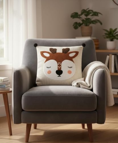 Image of Brown Cartoon Dear Embroidered Kids Cushion Cover 16 x 16 Inches or 40x40 cms Cotton Fabric Cushion Covers for Sofa Set /Diwan Beds, Sofa Throw Pillow Cover Only, Set of 1 Pc