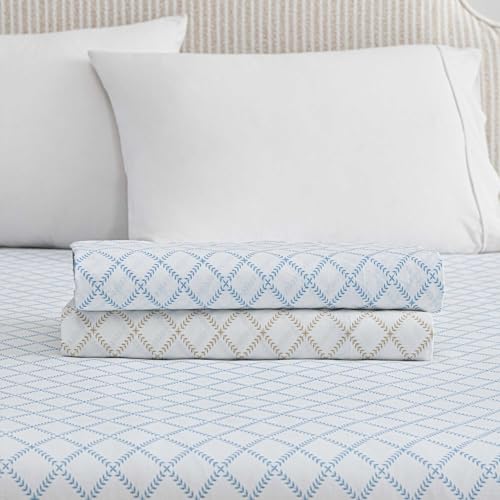 Image of Martha Stewart - Queen Size Sheet Set, Crisp & Tailored Sheets with a Smooth Cotton Percale Feel - Striped Bed Sheets with Matching Pillowcases & Fitted Sheet (Leaf Trellis Blue)
