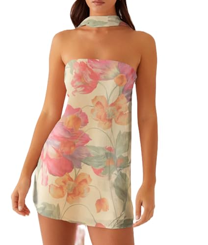 Image of NUFIWI Sexy Floral Strapless Tube Mini Dress Y2K Slim Fit Backless Short Bandeau Dress Going Out Night Party Vocation Dresses