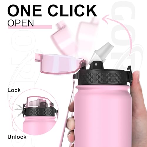 GOPPUS 1L/32oz Stainless Water Bottle with Straw Double Wall Insulated Bottles with Strap Reusable Vacuum Thermal Flask Leakproof Keep Cold Drinks Bottles with Flip Top Lid for Gym Men Women BPA Free