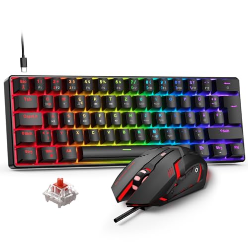 Rewurnth Gaming Tastatur und Maus Set, 60% QWERTZ Layout Mini Mechanische Tastatur mit RGB Beleuchtete, Red Switches, USB-C Kabelgebunden, 4 Farben LED Gaming Maus, Kompaktes Set für PC Mac Xbox PS5