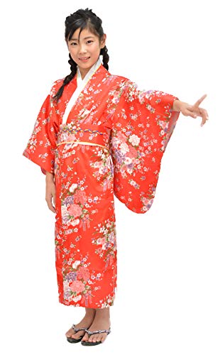 Tikusan Japanese Traditional Dress Kimono Yukata Robe for Kids Girls Costume (8-9 Years, Red)