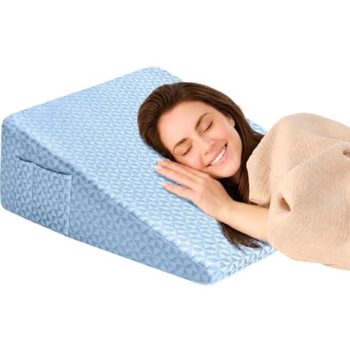 Image of 12 inch Wedge Pillow for Sleeping, Bed Wedge After Surgery, Back Pain Relief, Memory Foam Pillow Triangle Incline Wedge for Back Support, Leg Elevation (Blue)