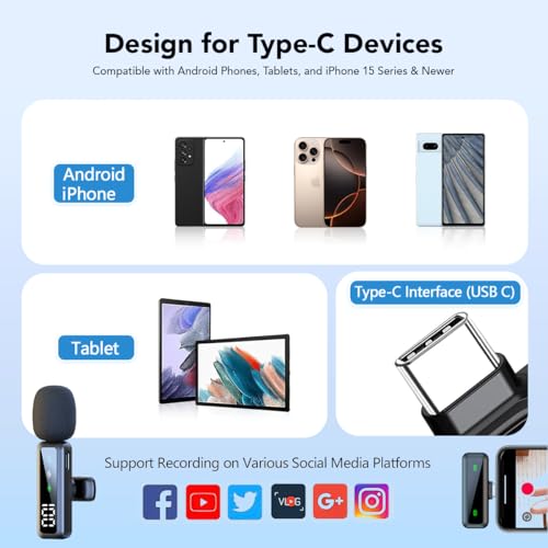 Image of VOOK Wireless Microphone with Noise Cancellation & Smart Display, Type-C Mic for Android, iPhone 15,16 | 6H Battery, Plug & Play for YouTube, Vlogging & Streaming (Single Channel Type-C, Black)