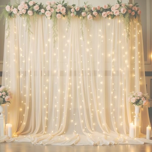 10ft x 10ft Champagne Chiffon Backdrop Curtain with Lights String