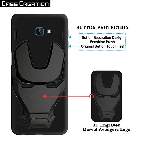 Image of Official 3D Touch Feel Trending Real Hero Avenger Logo Mask Soft Rugged Grip Iron Man Super Power Cartoon Movie Silicone Matte Strong Back Cover for Samsung Galaxy J4 Plus 2018 -Black