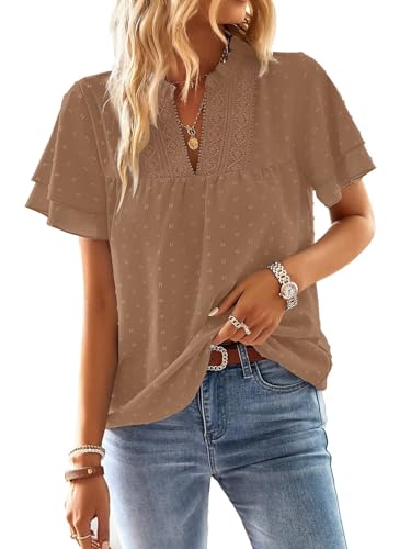 TUUHAW Tunique Femme Grande Taille Tee Shirt Femme à Manches Courtes Été Col V Fluide Chemise Volants Bohème Top Élegant Vintage Uni Hauts Plissé Blouse...