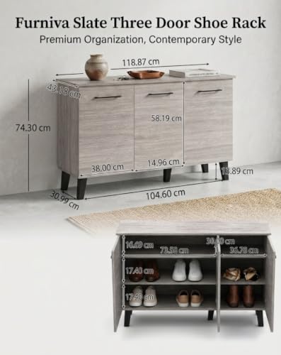 Image of Slate Three Door Engineered Wood Shoe Rack Cabinet | Modern Shoe Storage Organizer with 3 Doors & Multi-Tier Shelves | Space-Saving Entryway & Living Room Footwear Cabinet | Ash Grey Finish