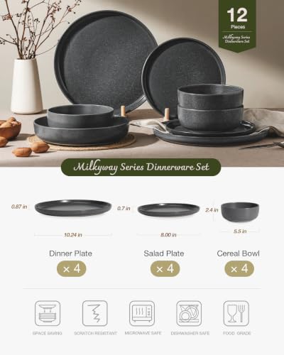 Image of Famiware Milkyway Plates and Bowls Sets, 12 Pieces Dinnerware Sets, Reactive Glaze Dish Set, Stoneware Dishes Set for 4, Matte Dark Charcoal