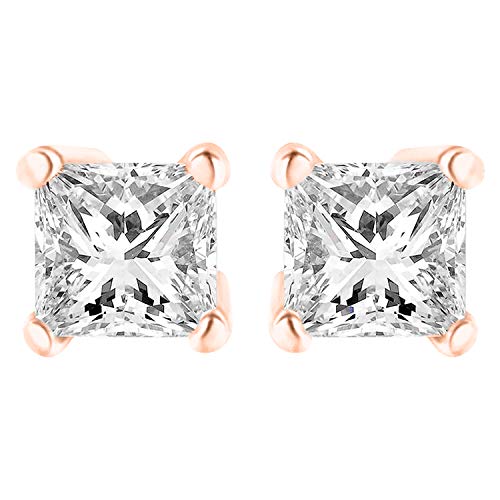 AGS Certified 14K White or Yellow Gold 1/5 Cttw to 1.00 Cttw 4-Prong Set Princess-Cut Solitaire Diamond Push Back Stud Earrings (I-J Color, I1-I2 Clarity)
