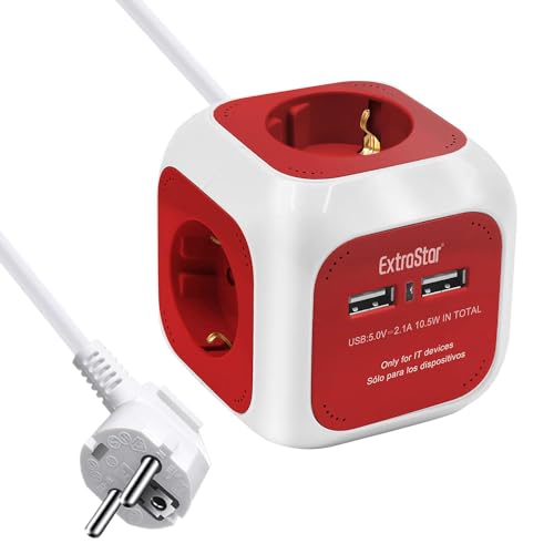 EXTRASTAR Steckdosenwürfel mit 2 USB-Anschlüssen(5V/2.1A), 4-Fach Steckdosenleiste mit 1.5M Kabel, Mehrfachsteckdose Würfel für Büro, Heim oder Reise, Rot