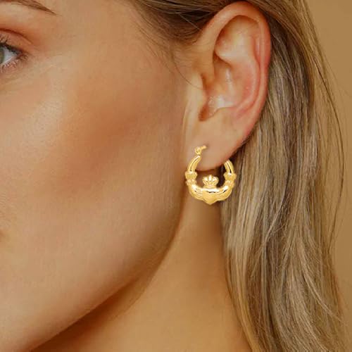 Diamond2Deal 10K Yellow Gold Two Hands Holding Heart Claddagh Hollow Hoop Earrings (L-18 mm W-16 mm)2