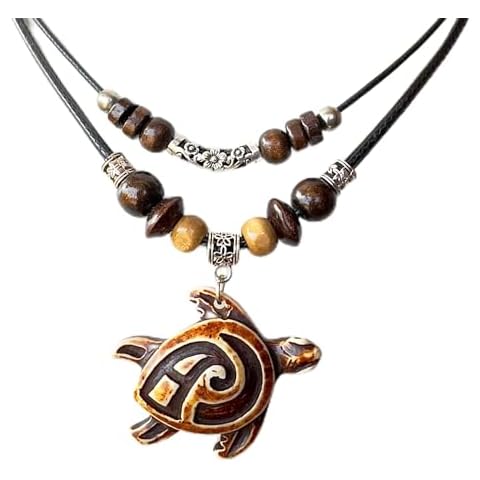Nove Jewelry Leather Turtle Tribal Brown Pendant Necklace - Hawaiian Turtle Necklace - Wood Beaded with Adjustable Black Cord Cover