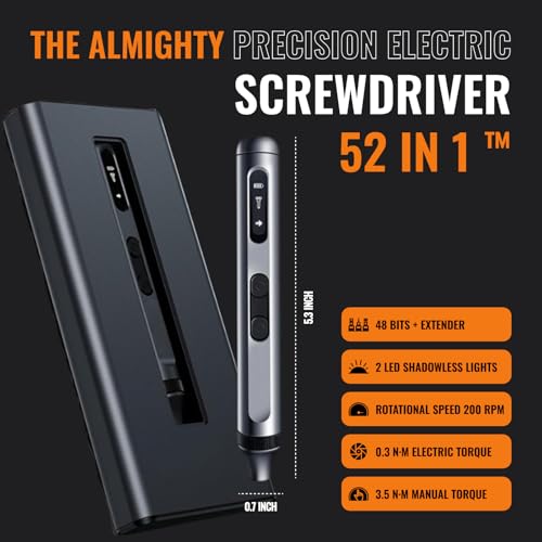 Image of Precision Electric Screwdriver 52-in-1 Kit | Cordless Mini Power Driver for Electronics, PC & Laptop Repair | Compact Rechargeable Automatic Tool Set with Magnetic Bits