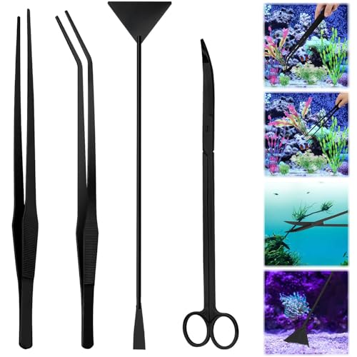 4 Pcs Aquarium Aquascaping Set,Wasserpflanzen Pinzette Schere Spachtel Kits Kommt,Aquarium Reinigung Kit,Pflanzen Pinzette,Zubehör Reinigung für Aquarienstarter