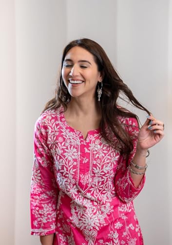 Image of GoSriKi Cotton Blend Embroidered Straight Kurta for Women | Cotton Blend Pink | 3 /4 Sleeve | Round Neck V-Slit | Ethnic Wear Casual Wear
