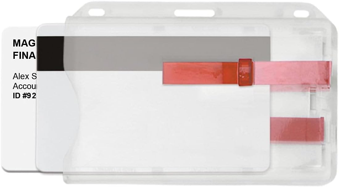 Bulk 50 Pack - Rigid Horizontal Two Card ID Badge Holder with Double Red Extractor Slider - Clear Hard Plastic 2 Card Protector with Easy to Slide Dispenser for Office Key Cards by Specialist ID