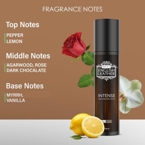 Image of Next Care English Leather Intense Perfume Body Spray for Men & Women - 120 ml | A Bold Fusion of Pepper, Lemon, Agarwood, Rose, Dark Chocolate, Myrrh & Vanilla