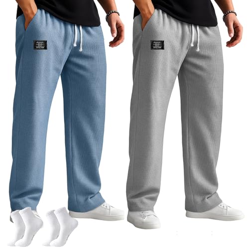 Mokaloha Mens Waffle Pants, New Men's Casual Waffle Embroidered Logo Elastic Waist Loose and Comfortable Trousers