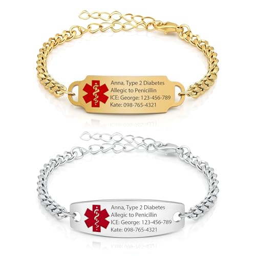 Funnli Personalized Medical Alert Bracelet for Men & Women - Custom Engraved Stainless Steel Emergency ID Bracelet for Diabetes, Allergies, Epilepsy, Heart Conditions