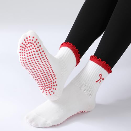 Image of Jeyiour Summer Cute Pilates Socks Women Bow Nonslip Ruffle Yoga Socks with Grip Barre Pilates Gift for Work Dance Fitness