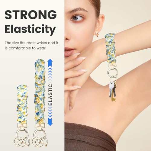 Image of Scrunchie Keychain Wristlet, Key Chain for Car Keys with D Ring, Stretchy Phone Charms with Tether Tab for Women.