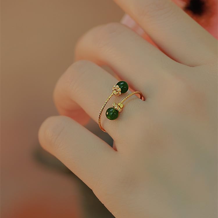 Double Hetian Jade Wrap Open Statement Ring for Women Lucky Green Natural Gemstone Finger Adjustable Gold Plated Thin Band Rings Good Luck Round Dainty Stacking Wedding Valentine Fashion Jewelry Gift3