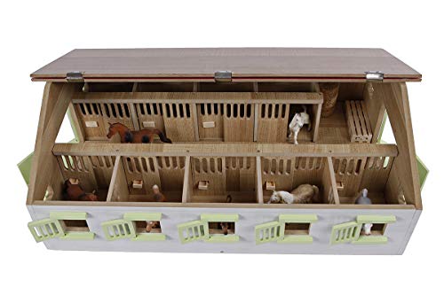Kids Globe Farming Reiterhof rosa Bauernhof Pferdestall Holz 1:32 mit 9 Boxen, Spielzeug Pferdehof, mit praktischem Faltdach, für alle gängigen Tierfiguren 610188