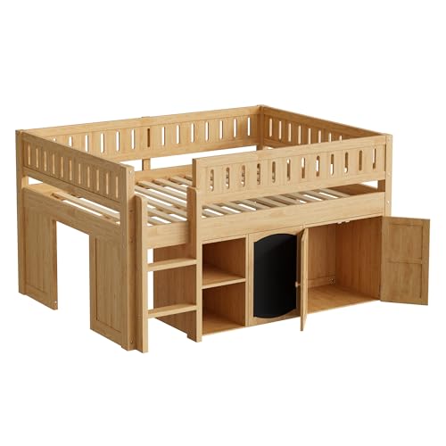 Image of Full Size Loft Bed with Storage Cabinet and Chalkboard Panel, Solid Wood Frame - Space-Saving Design for Kids /Teens Bedroom (Natural-A1)