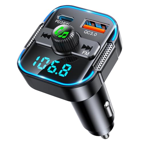 Glangeh Transmisor FM Bluetooth Coche 5.3, 2 en 1 【Micrófonos Duales】 Receptor Bluetooth y Cargador Rápido【PD 36W + QC 18W】, Kit Manos Libres Asistente Siri/Musica