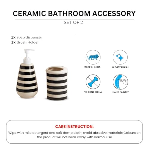 Image of ExclusiveLane 'Monochrome Lines' Hand-Painted Ceramic Bathroom Accessories Set of 2 (Liquid Soap Dispenser for Wash Basin, Paste & Toothbrush Holder) |Handwash Dispenser |Bathroom Organiser Set