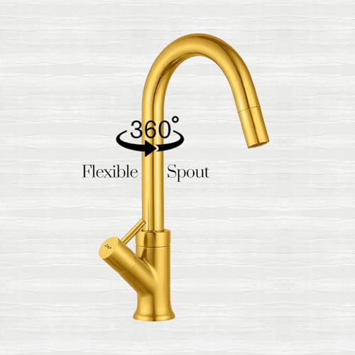 Image of ZAP Gold Elixir Series Swan Neck Kitchen Sink Tap | 360 Swivel Spout | Premium Brass Pillar Tap for Sink & Wash Basin