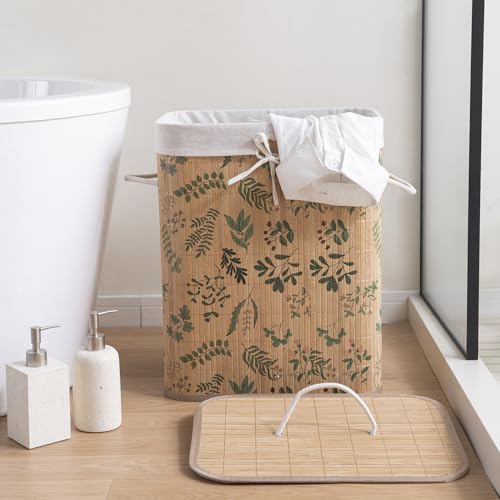 Image of HOKIPO Eco-Friendly Foldable Bamboo Laundry Basket Hamper with Lid, Large - 60 Liter, Fern Leaves (AR-5753), Multicolour