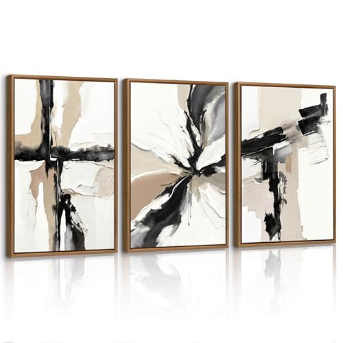 Image of FajerminArt 3Pcs Neutral Abstract Framed Canvas Wall Art, Modern Black and White Beige Canvas Prints Painting Artwork for Walls, Minimalist Pictures Wall Decor for Living Room Bedroom Office 30x40cmX3