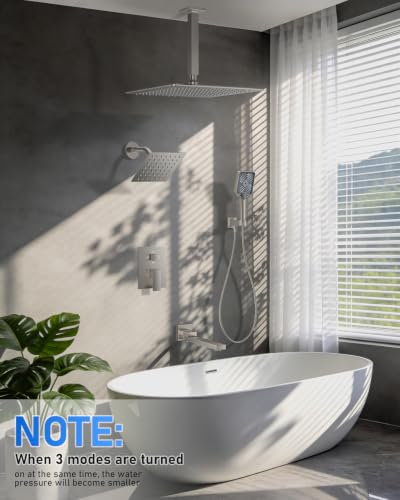 Image of Woindo 4 Function Shower Faucet Set 12 inch Rain Shower Head /6'' Side Shower Head and 3 Setting Handheld Ceiling Mount Push Button Diverter Complete Rainfall Round Shower System Included Valve Trim Kit