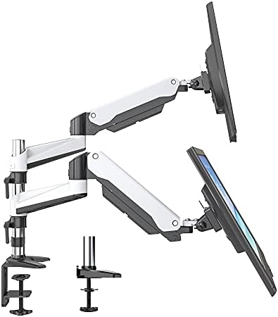 SHOPPINGALL Fully Adjustable Dual Gas Spring LCD Monitor Mount Stand with 2 Arm for 15”-32” Monitors, Clamp and Grommet Mounting Options in The Box, 6 ft HDMI Cable Included - SA-GA24-White