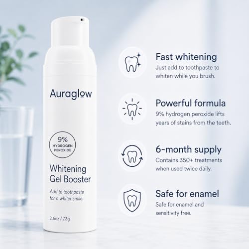 Image of Auraglow Teeth Whitening Gel for Toothpaste, 9% Hydrogen Peroxide, Add to Toothpaste to Whiten, 350+ Whitening Treatments, Removes Coffee Wine Tea Stains, No Trays or Strips, Made in USA, 2.6oz