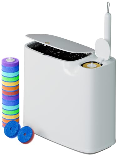 CTIME Small Bathroom Trash Can with Disposable Toilet Brush Set, 14 Refills | Essential 3-in-1 Cleaning Set, One-touch Press lid, Dog proof Slim 2 Gal Trash Can for RV bathroom, Sponge Brush Colored Head