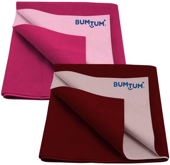 Bumtum Baby Dry Sheet Waterproof Soft Fleece Baby Bed Protector | Anti - Bacterial & Odour Free | Extra Absorbant, Reuseable & Washable (Hot Pink + Maroon Combo, Medium Size, 100 * 70cm, Pack of 2)