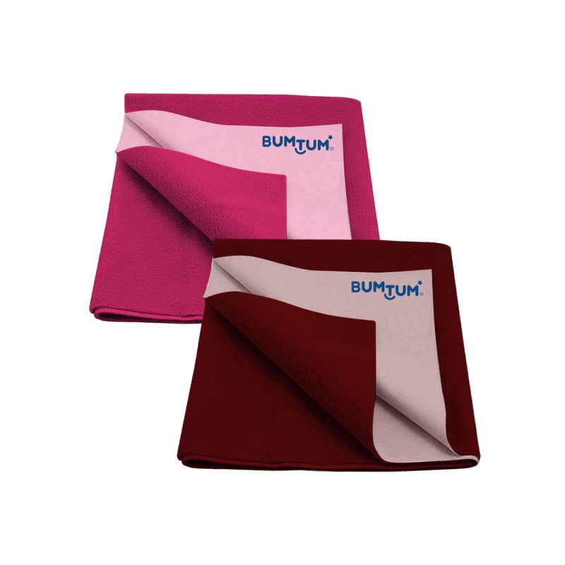 Bumtum Baby Dry Sheet Waterproof Soft Fleece Baby Bed Protector | Anti - Bacterial & Odour Free | Extra Absorbant, Reuseable & Washable (Hot Pink + Maroon Combo, Medium Size, 100 * 70cm, Pack of 2)