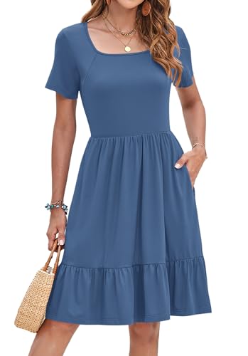 Image of AUSELILY Womens Summer Dresses 2025 Casual Short Sleeve Dress Square Neck A-Line Ruffle Sundress with Pockets